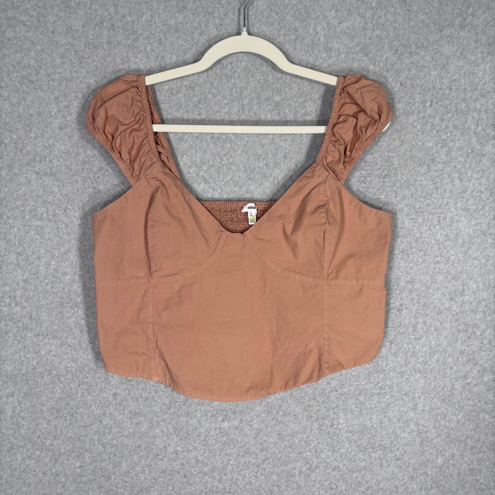 Aerie Milkmaid Crop‎ Top XL Brown Smocked Corset Tank Festival Feminine Neutral
